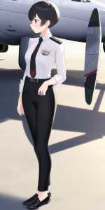girl, very short hair, pilot uniform, white shirt, necktie, long black pants, standing, full body view, aircraft s-3797065898.png
